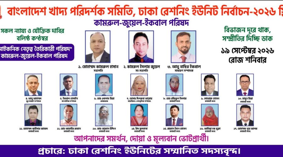বাংলাদেশ খাদ্য পরিদর্শক সমিতির ঢাকা রেশনিং ইউনিট কমিটির নির্বাচন আজ