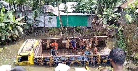 রাজবাড়ীর কালুখালী উপজেলায় গরুবাহী একটি ট্রাক নিয়ন্ত্রণ হারিয়ে খাদে পড়ে দুই ব্যবসায়ী নিহত