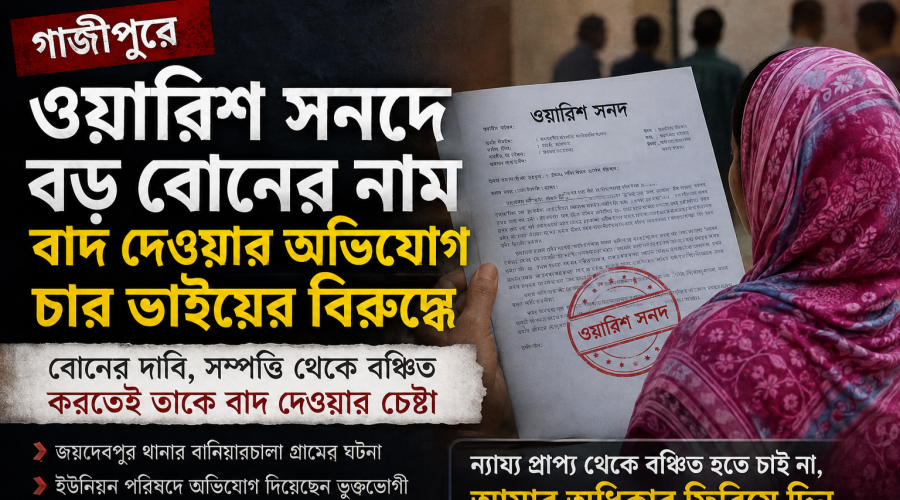 গাজীপুরে ওয়ারিশ সনদে বড় বোনের নাম বাদ দেওয়ার অভিযোগ চার ভাইয়ের বিরুদ্ধে